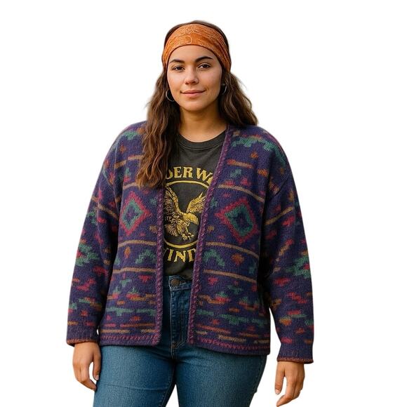Alps Sweaters - Vintage ALPS Southwestern Cotton Cardigan Sweater XL USA Aztec Knit Boho purple